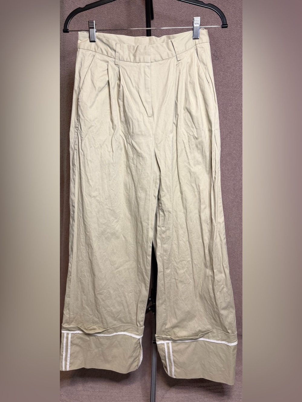 Christian Lacroix Wide Leg Pleated Pants Women’s 4 Khaki Beige Cuffed Stripe